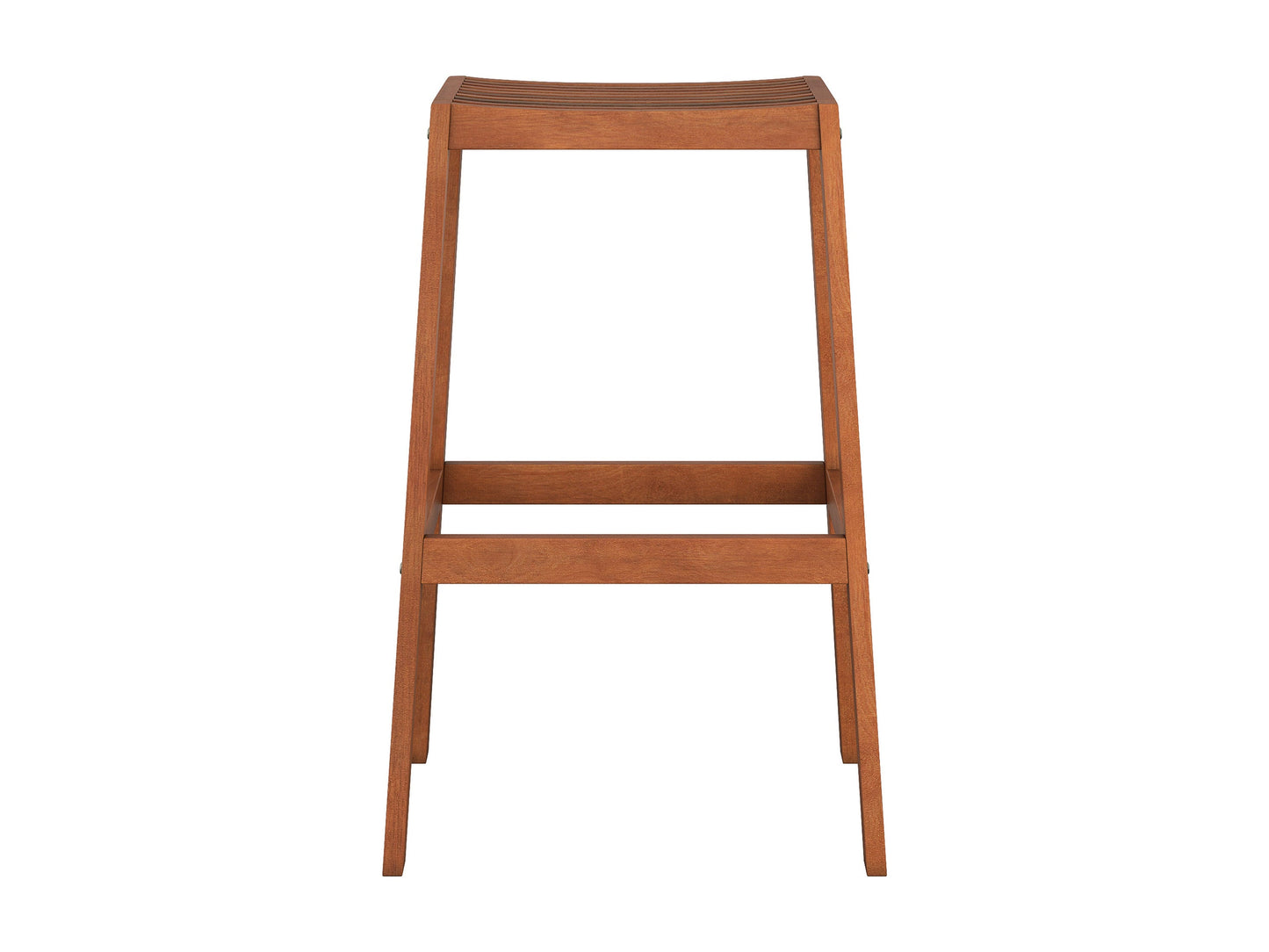 Natural wood patio bar stools set of 2 in brown with slatted backrests, cushioned seats, and sturdy legs, perfect for outdoor seating. Durable and stylish furniture for patios, gardens, or balconies.