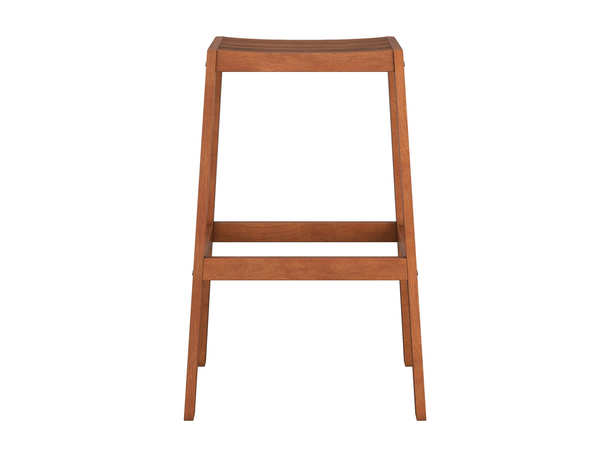 Natural wood patio bar stools set of 2 in brown with slatted backrests, cushioned seats, and sturdy legs, perfect for outdoor seating. Durable and stylish furniture for patios, gardens, or balconies.