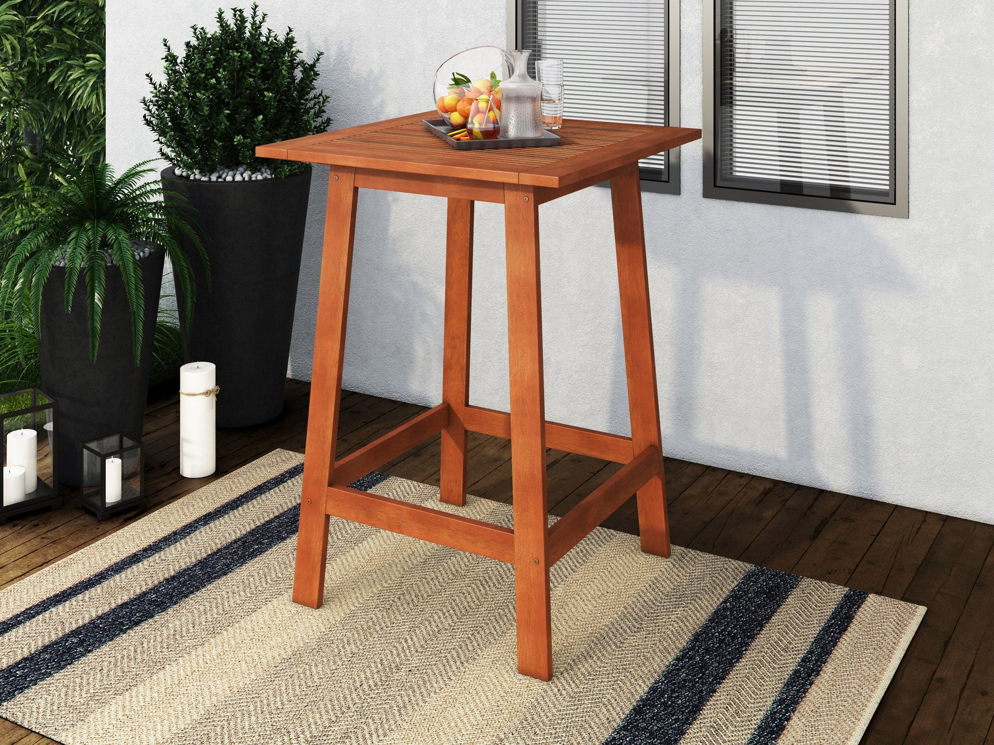 Brown outdoor pub table with a sturdy metal frame, wooden slatted tabletop, and weather-resistant finish, perfect for patios and outdoor dining areas.
