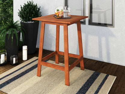 Brown outdoor pub table with a sturdy metal frame, wooden slatted tabletop, and weather-resistant finish, perfect for patios and outdoor dining areas.
