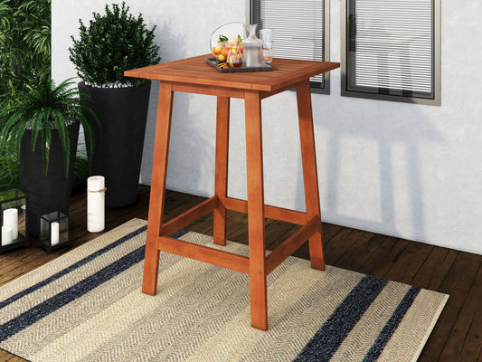 Brown outdoor pub table with a sturdy metal frame, wooden slatted tabletop, and weather-resistant finish, perfect for patios and outdoor dining areas.