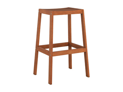 Alt Text: Brown 5-piece patio bar set with a wooden high-top table and four matching stools, featuring sleek metal frames and comfortable cushioned seats, perfect for outdoor dining and entertaining.