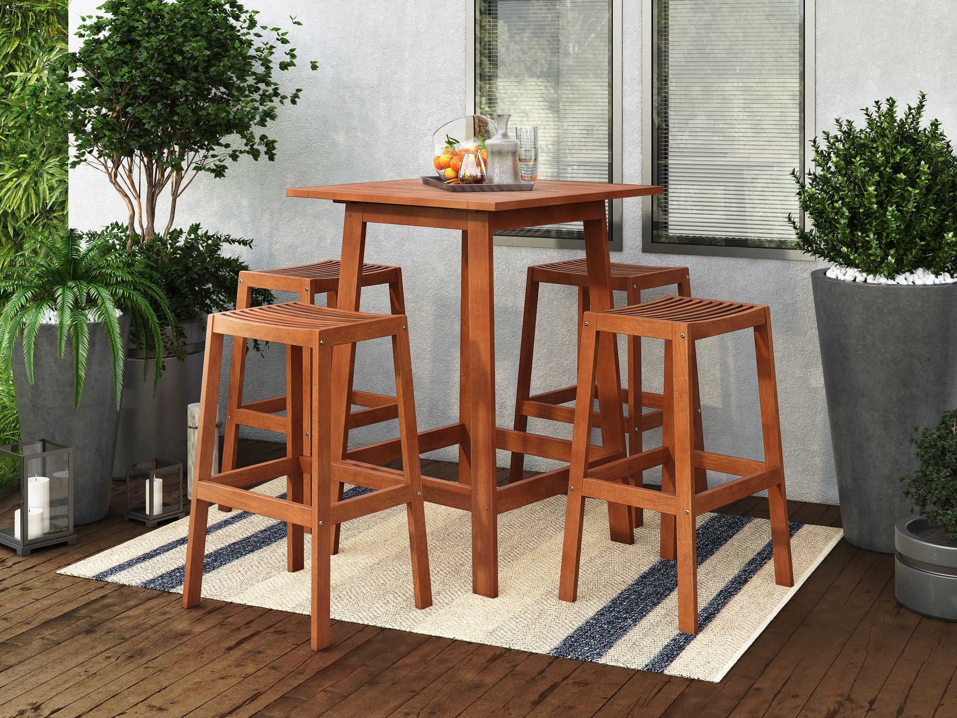 Alt Text: Brown 5-piece patio bar set with a wooden high-top table and four matching stools, featuring sleek metal frames and comfortable cushioned seats, perfect for outdoor dining and entertaining.