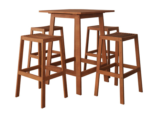 Alt Text: Brown 5-piece patio bar set with a wooden high-top table and four matching stools, featuring sleek metal frames and comfortable cushioned seats, perfect for outdoor dining and entertaining.