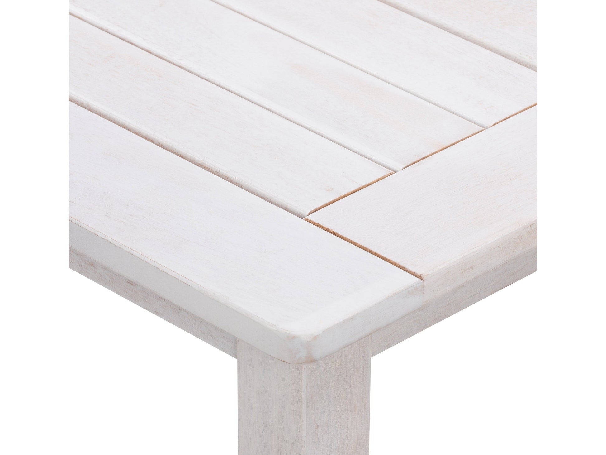 Patio bar height table in washed white finish, featuring a sturdy wooden frame with slatted top and weather-resistant materials, perfect for outdoor dining and entertaining.