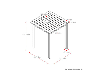 Patio bar height table in washed white finish, featuring a sturdy wooden frame with slatted top and weather-resistant materials, perfect for outdoor dining and entertaining.