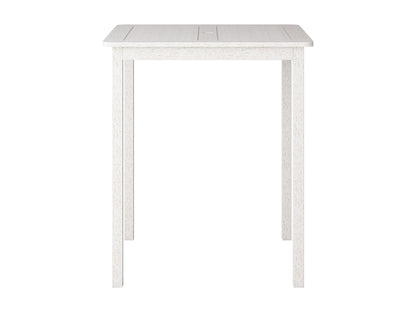 Patio bar height table in washed white finish, featuring a sturdy wooden frame with slatted top and weather-resistant materials, perfect for outdoor dining and entertaining.