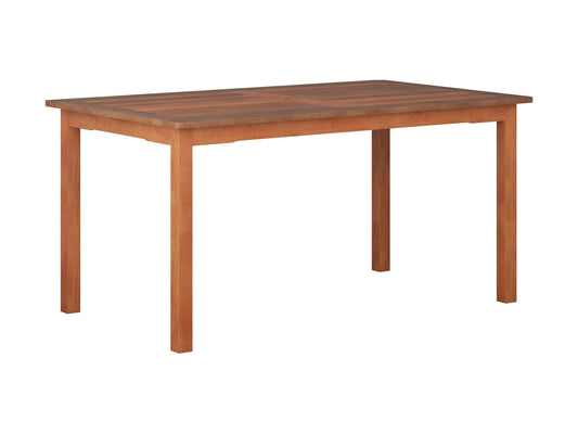 Brown outdoor wood dining table with slatted top, sturdy legs, and weather-resistant finish, perfect for patio dining and entertaining.