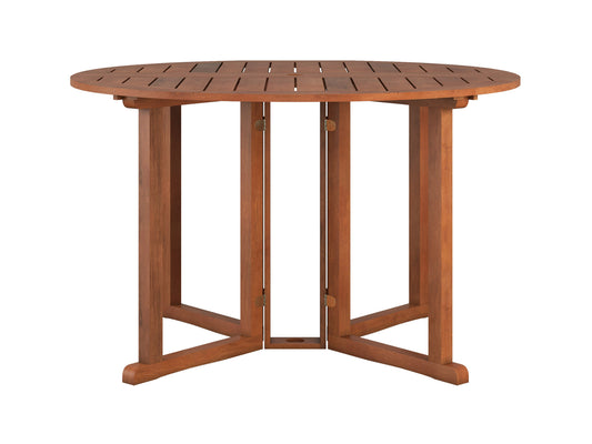 Brown wooden outdoor drop leaf patio table with foldable sides, sturdy legs, and a smooth finish, ideal for small spaces and versatile outdoor dining.