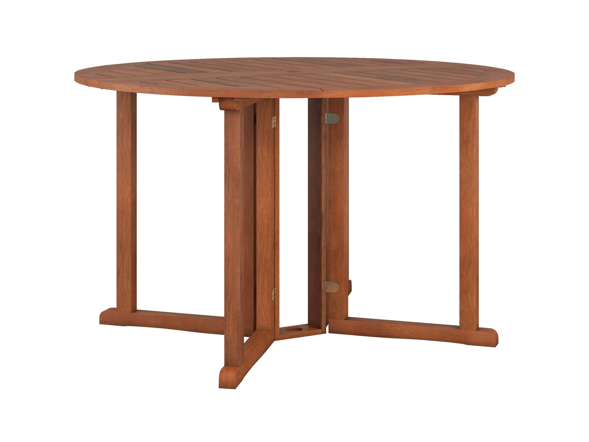 Brown wooden outdoor drop leaf patio table with foldable sides, sturdy legs, and a smooth finish, ideal for small spaces and versatile outdoor dining.