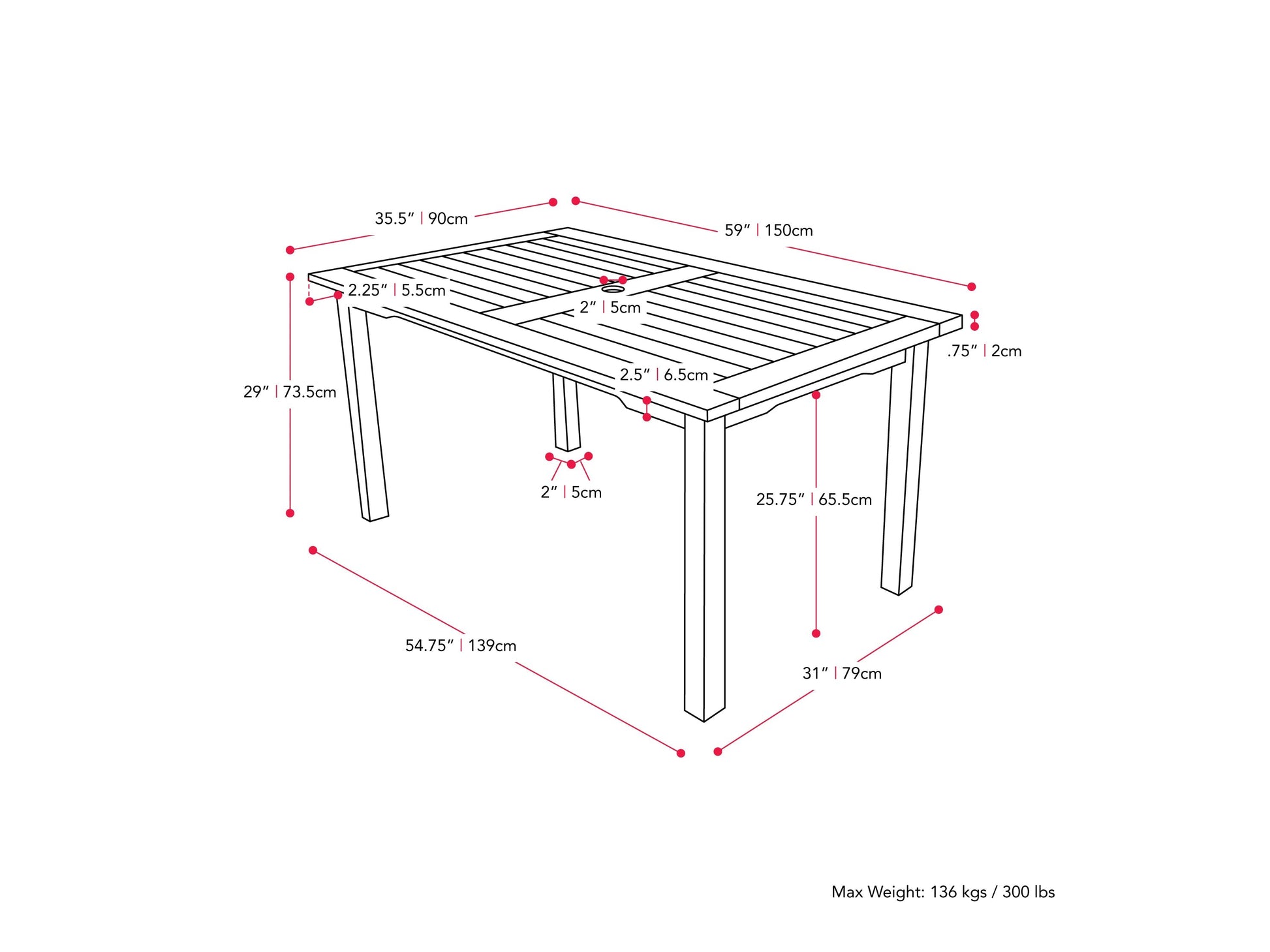 Washed white outdoor wood dining table with slatted top and sturdy legs, perfect for patio dining. Durable wooden construction with a rustic finish, designed for outdoor use. Ideal for garden or backyard settings.