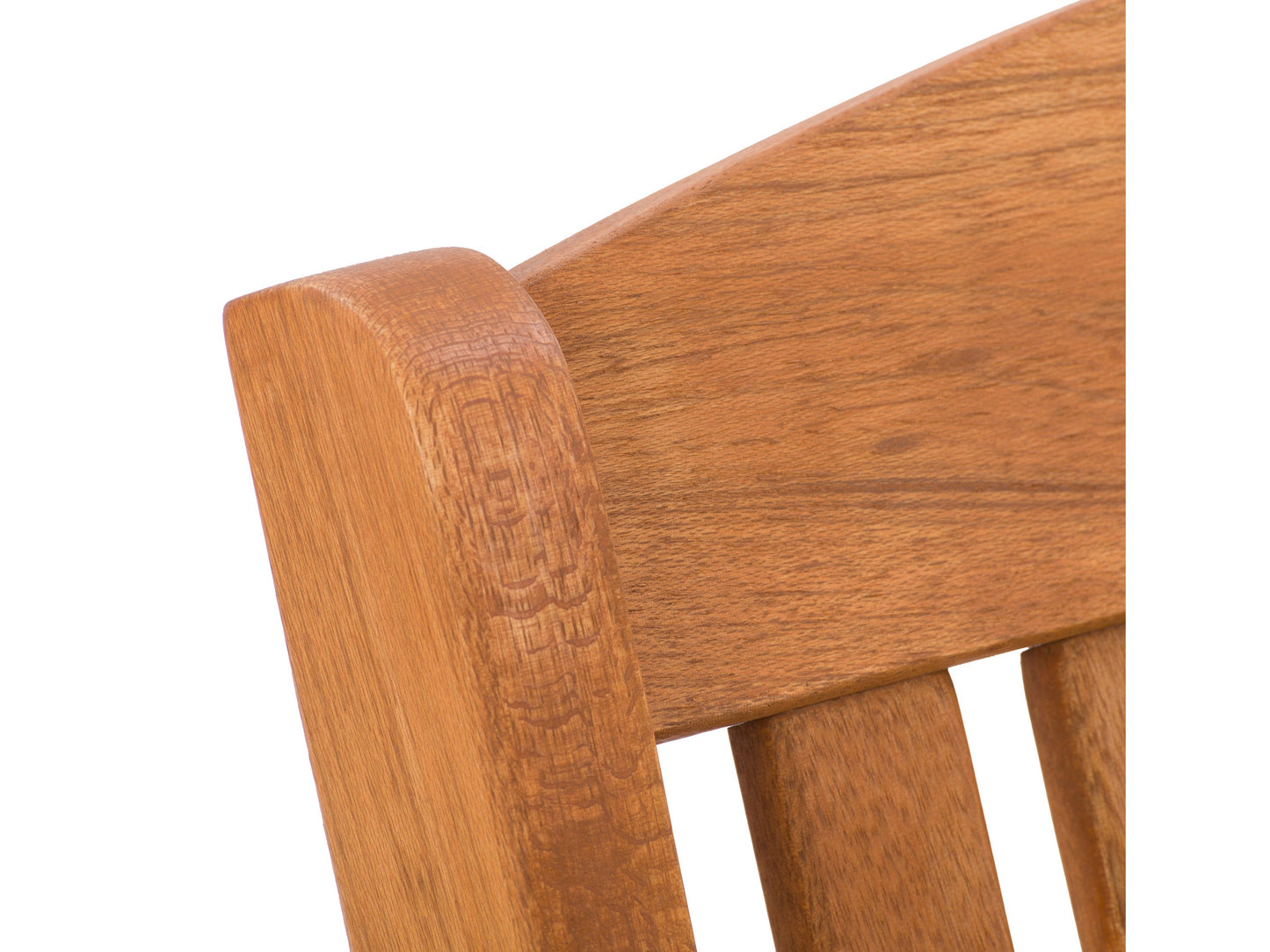 Brown outdoor rocking chair with curved wooden slats, ergonomic armrests, and sturdy frame. Ideal for patios and gardens, providing comfortable seating with a classic rustic design.