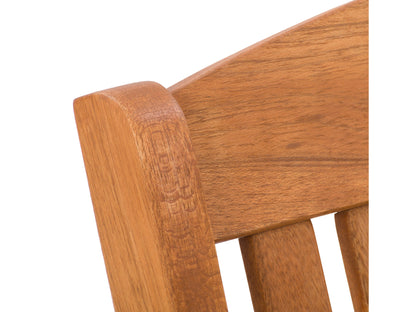 Brown outdoor rocking chair with curved wooden slats, ergonomic armrests, and sturdy frame. Ideal for patios and gardens, providing comfortable seating with a classic rustic design.