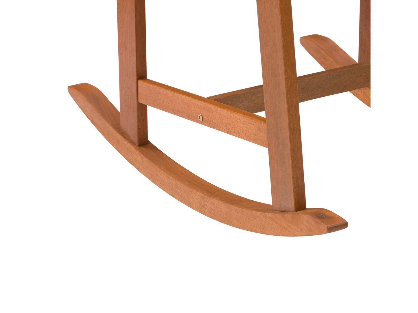 Brown outdoor rocking chair with curved wooden slats, ergonomic armrests, and sturdy frame. Ideal for patios and gardens, providing comfortable seating with a classic rustic design.