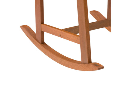Brown outdoor rocking chair with curved wooden slats, ergonomic armrests, and sturdy frame. Ideal for patios and gardens, providing comfortable seating with a classic rustic design.