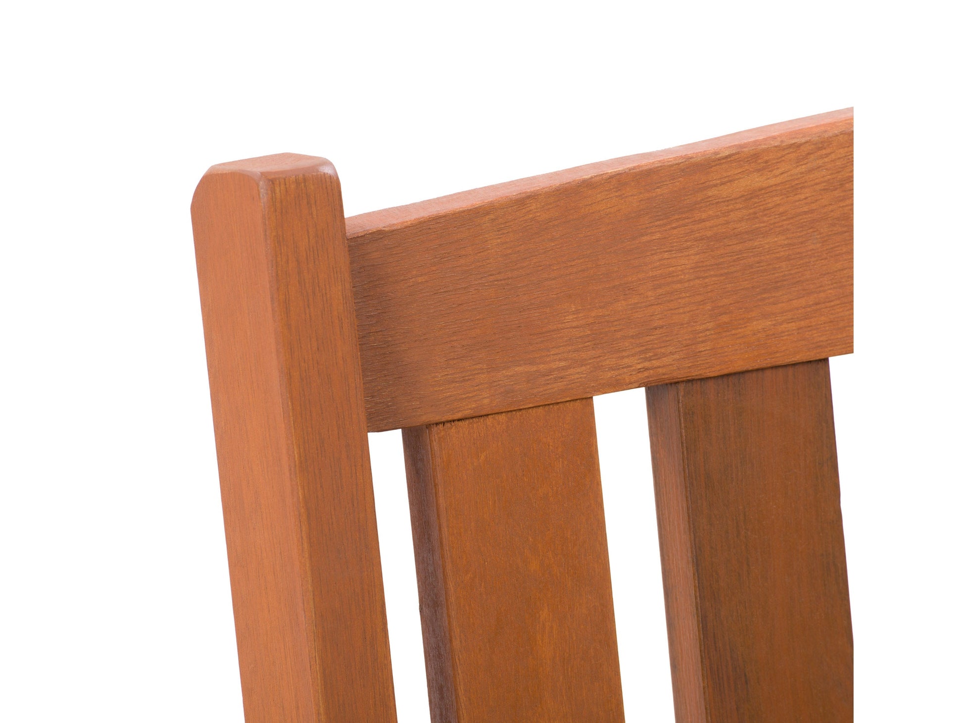 Brown wooden patio bench with backrest, featuring slatted seat and back, sturdy armrests, and natural wood grain texture. Ideal for outdoor seating and garden decor.