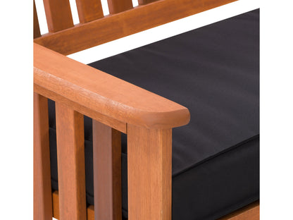 Brown wooden patio bench with backrest, featuring slatted seat and back, sturdy armrests, and natural wood grain texture. Ideal for outdoor seating and garden decor.