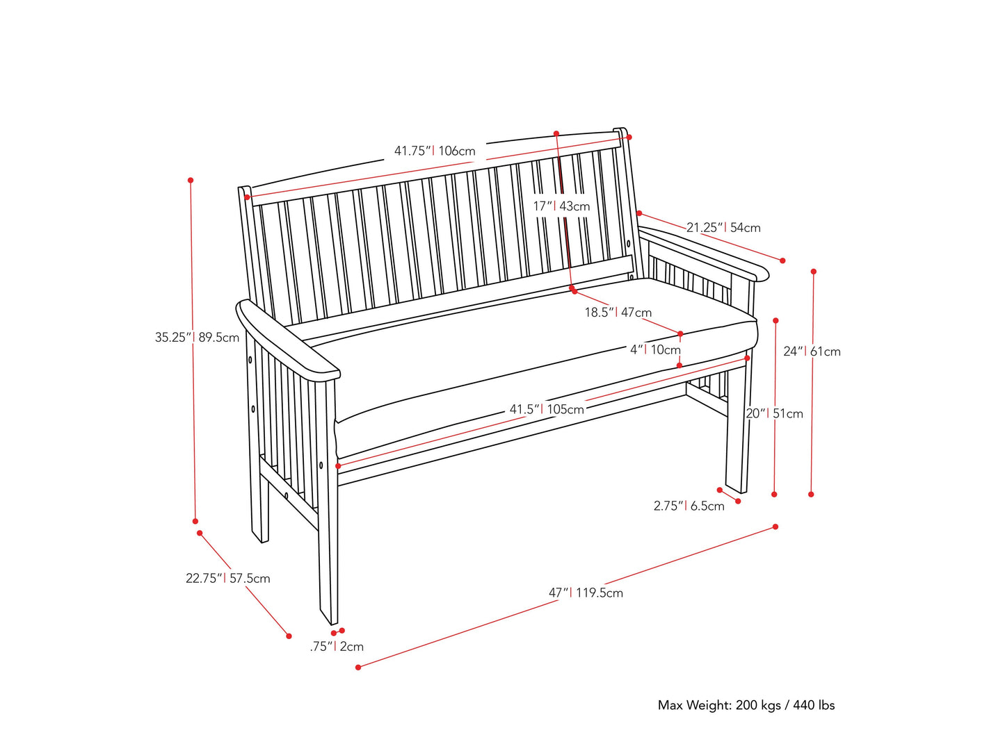 Brown wooden patio bench with backrest, featuring slatted seat and back, sturdy armrests, and natural wood grain texture. Ideal for outdoor seating and garden decor.