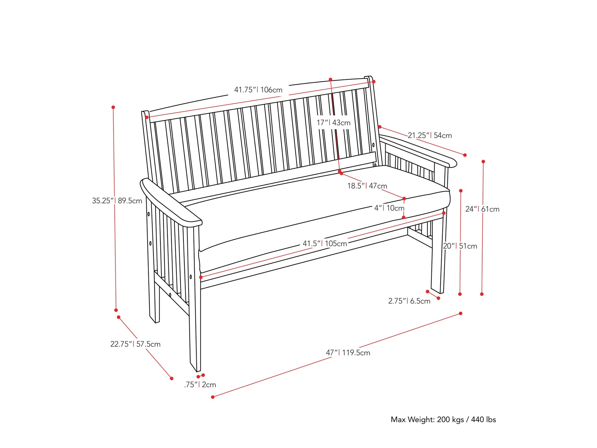 Brown wooden patio bench with backrest, featuring slatted seat and back, sturdy armrests, and natural wood grain texture. Ideal for outdoor seating and garden decor.
