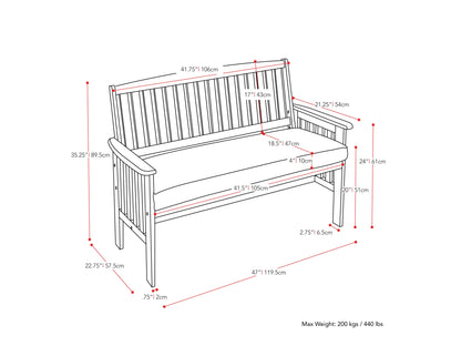 Brown wooden patio bench with backrest, featuring slatted seat and back, sturdy armrests, and natural wood grain texture. Ideal for outdoor seating and garden decor.