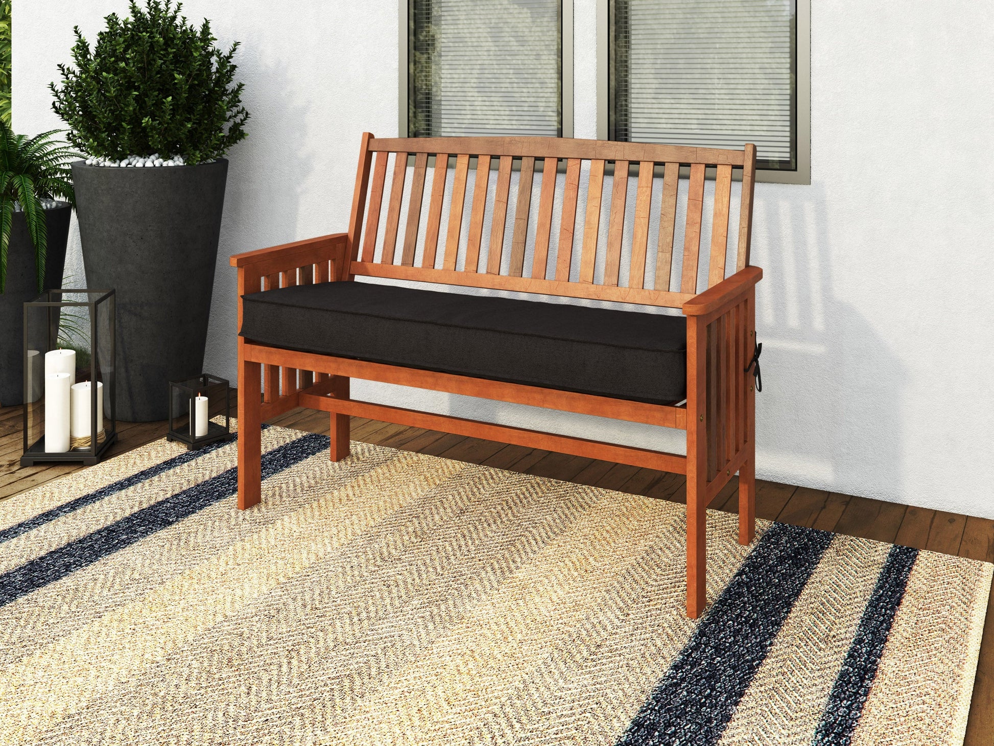 Brown wooden patio bench with backrest, featuring slatted seat and back, sturdy armrests, and natural wood grain texture. Ideal for outdoor seating and garden decor.