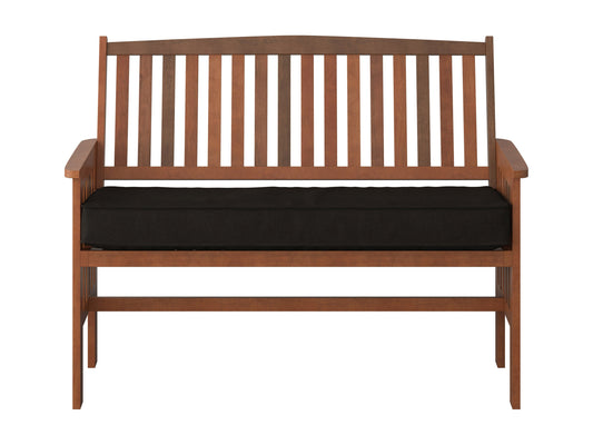 Brown wooden patio bench with backrest, featuring slatted seat and back, sturdy armrests, and natural wood grain texture. Ideal for outdoor seating and garden decor.