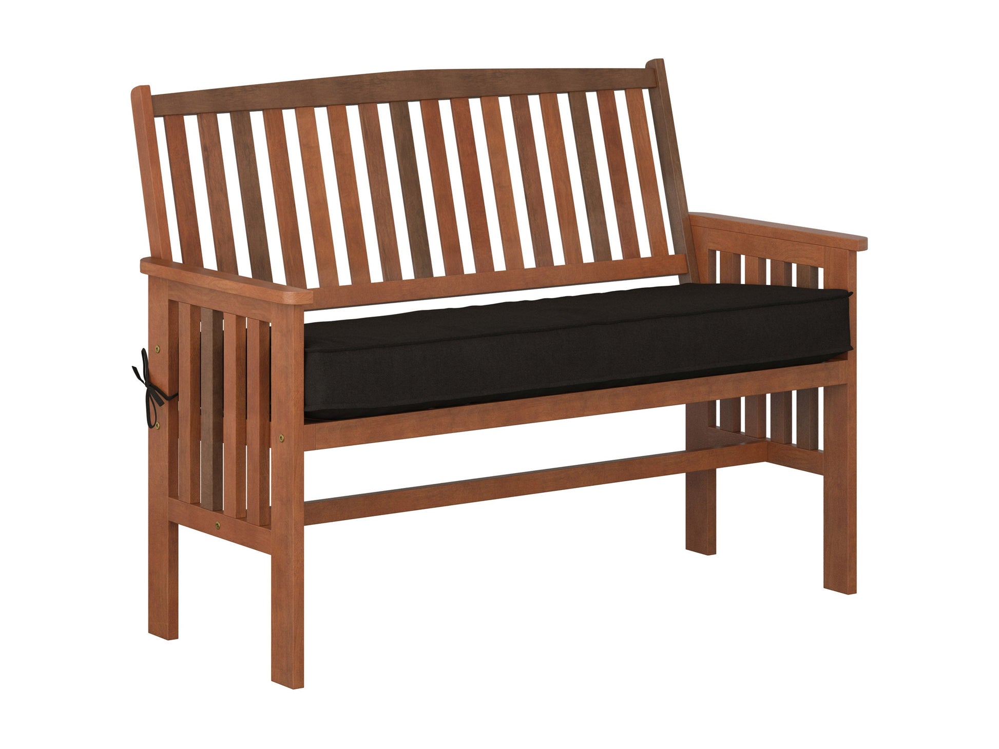 Brown wooden patio bench with backrest, featuring slatted seat and back, sturdy armrests, and natural wood grain texture. Ideal for outdoor seating and garden decor.