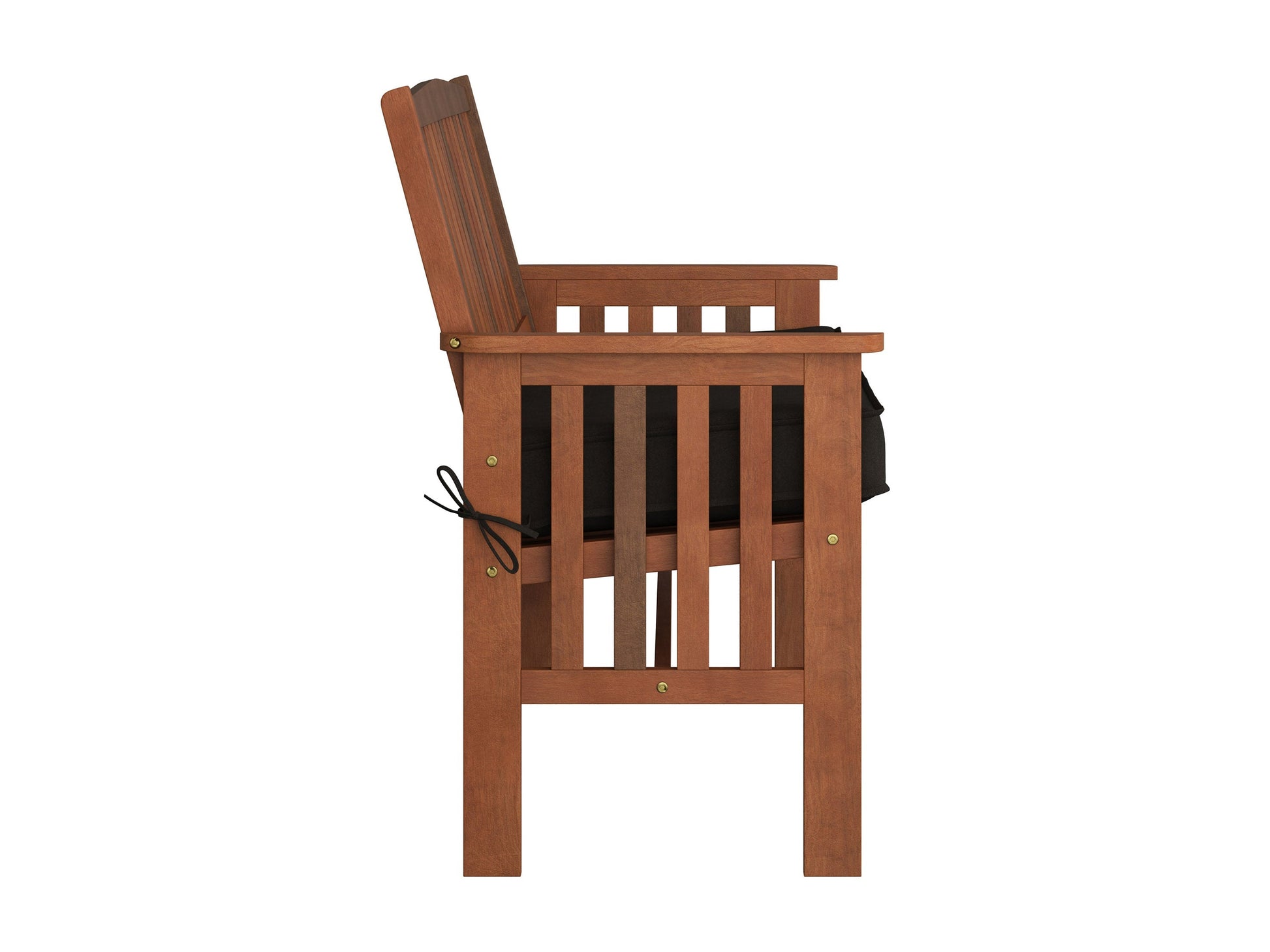 Brown wooden patio bench with backrest, featuring slatted seat and back, sturdy armrests, and natural wood grain texture. Ideal for outdoor seating and garden decor.