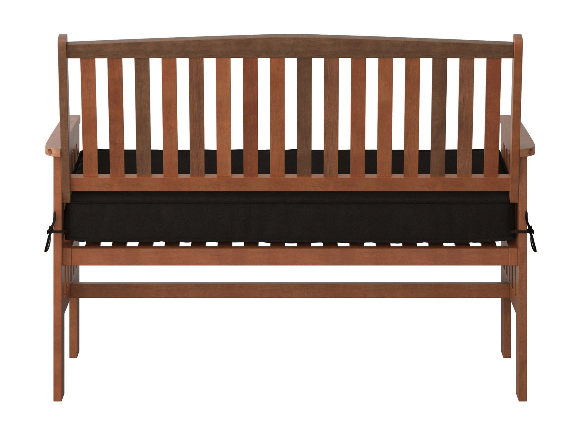 Brown wooden patio bench with backrest, featuring slatted seat and back, sturdy armrests, and natural wood grain texture. Ideal for outdoor seating and garden decor.