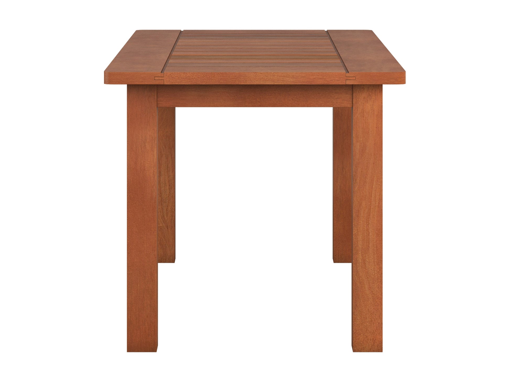Brown hardwood outdoor coffee table with slatted top and sturdy legs, ideal for patio or garden use. Durable wood construction with natural grain texture, perfect for outdoor gatherings and relaxation.