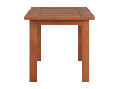Brown hardwood outdoor coffee table with slatted top and sturdy legs, ideal for patio or garden use. Durable wood construction with natural grain texture, perfect for outdoor gatherings and relaxation.