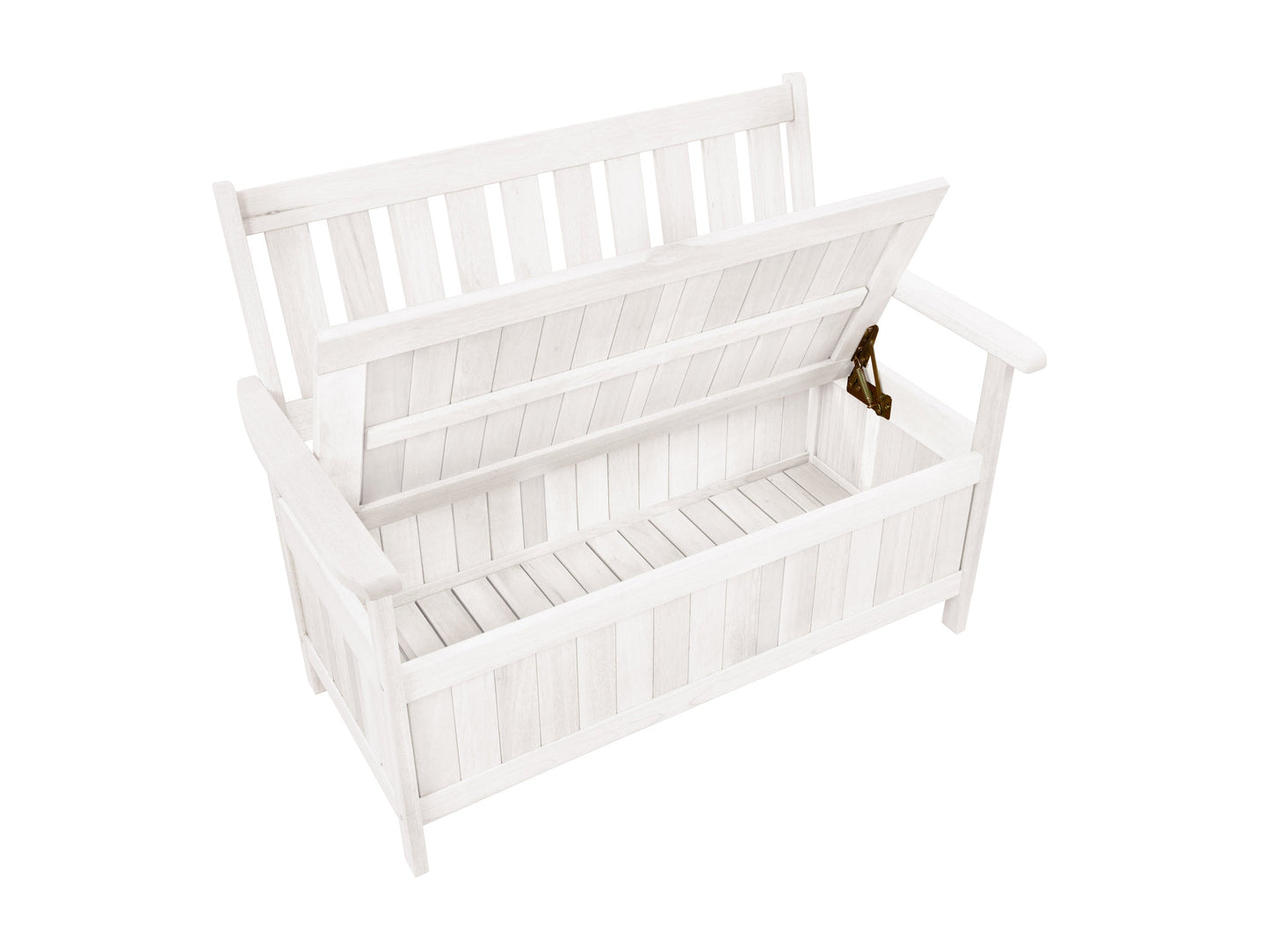 Washed white wooden patio storage bench with slatted backrest, sturdy armrests, and spacious under-seat storage. Ideal for outdoor seating and organization.