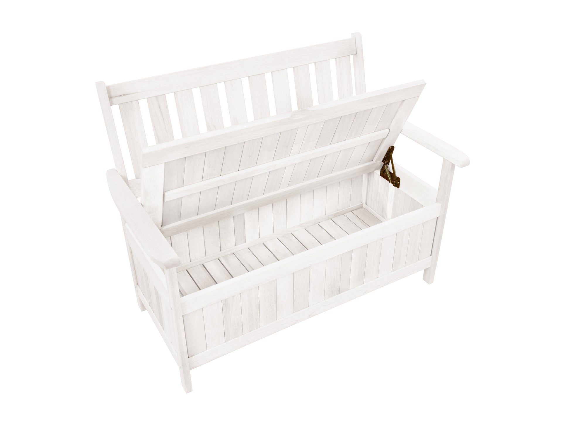 Washed white wooden patio storage bench with slatted backrest, sturdy armrests, and spacious under-seat storage. Ideal for outdoor seating and organization.