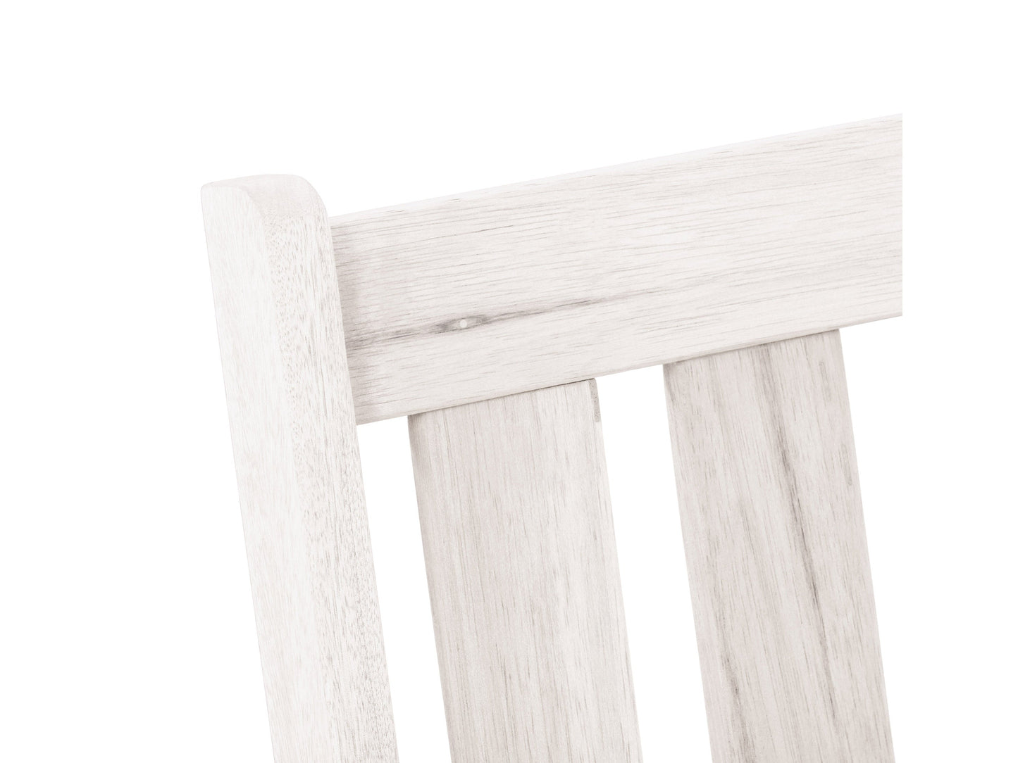 Washed white wooden patio storage bench with slatted backrest, sturdy armrests, and spacious under-seat storage. Ideal for outdoor seating and organization.