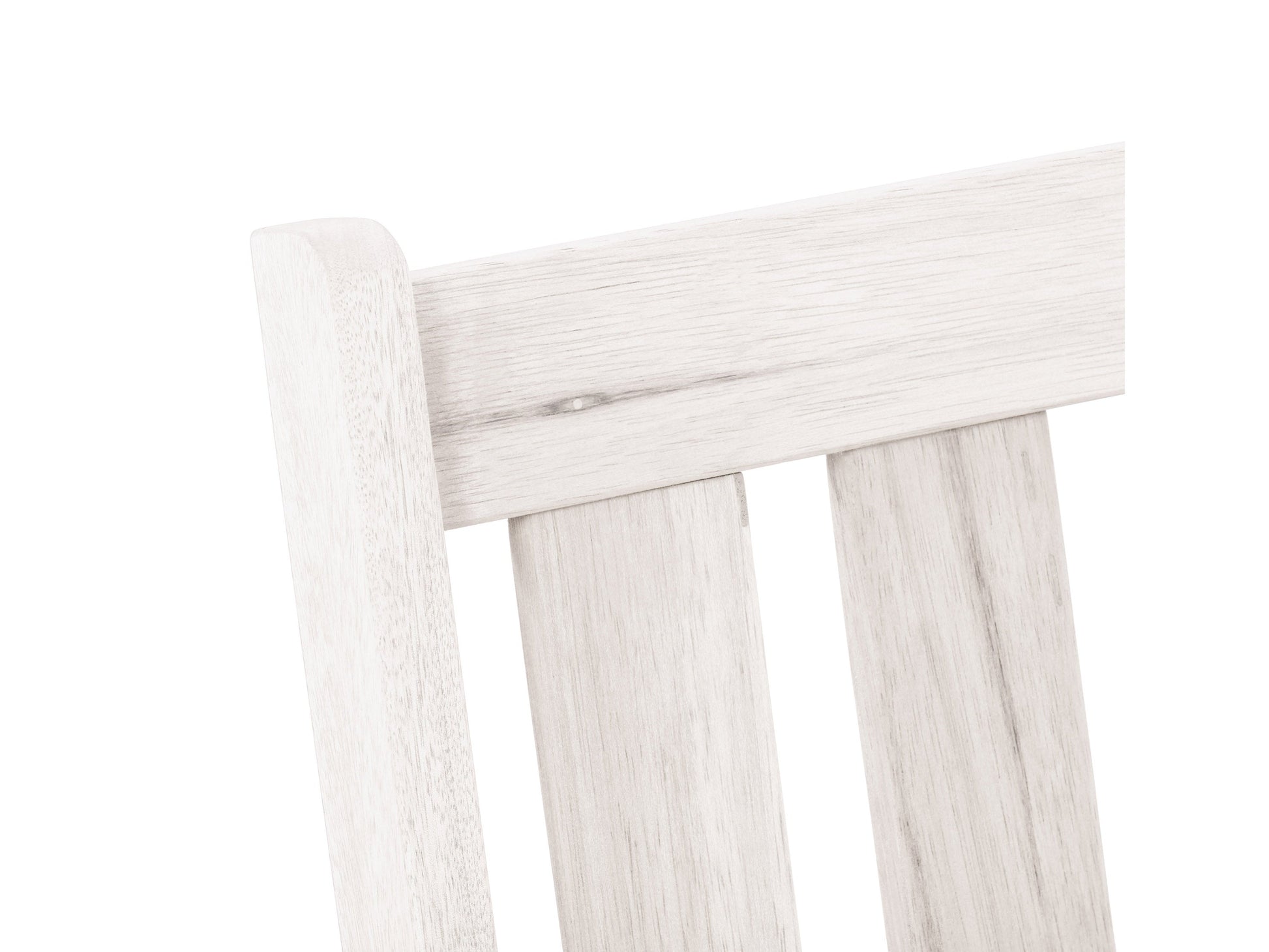 Washed white wooden patio storage bench with slatted backrest, sturdy armrests, and spacious under-seat storage. Ideal for outdoor seating and organization.