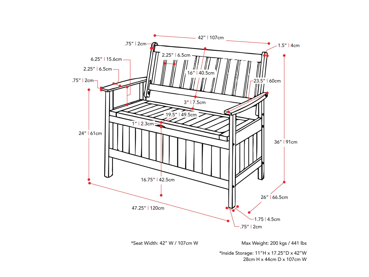 Washed white wooden patio storage bench with slatted backrest, sturdy armrests, and spacious under-seat storage. Ideal for outdoor seating and organization.
