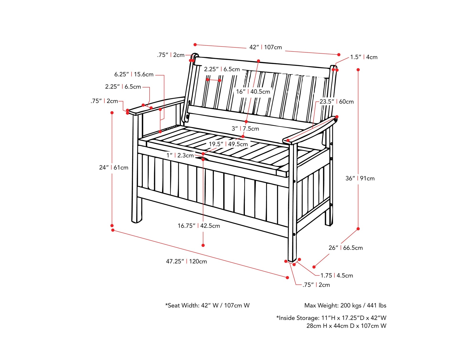 Washed white wooden patio storage bench with slatted backrest, sturdy armrests, and spacious under-seat storage. Ideal for outdoor seating and organization.