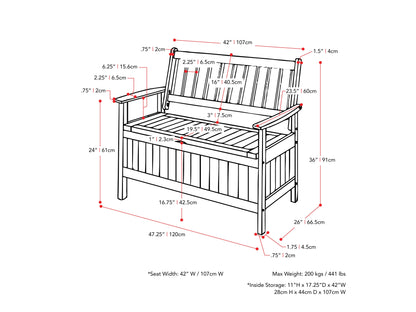 Washed white wooden patio storage bench with slatted backrest, sturdy armrests, and spacious under-seat storage. Ideal for outdoor seating and organization.