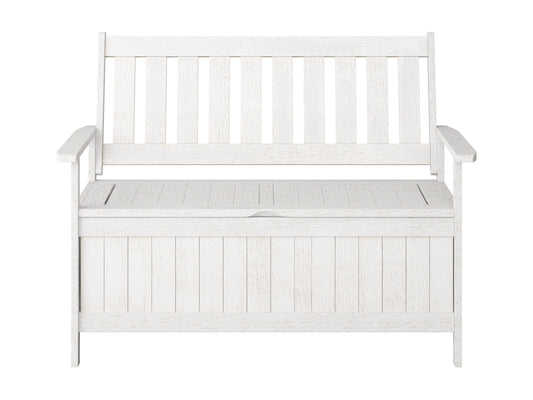Washed white wooden patio storage bench with slatted backrest, sturdy armrests, and spacious under-seat storage. Ideal for outdoor seating and organization.
