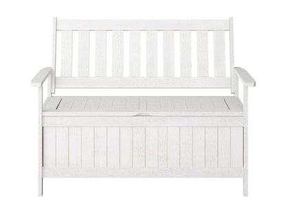 Washed white wooden patio storage bench with slatted backrest, sturdy armrests, and spacious under-seat storage. Ideal for outdoor seating and organization.