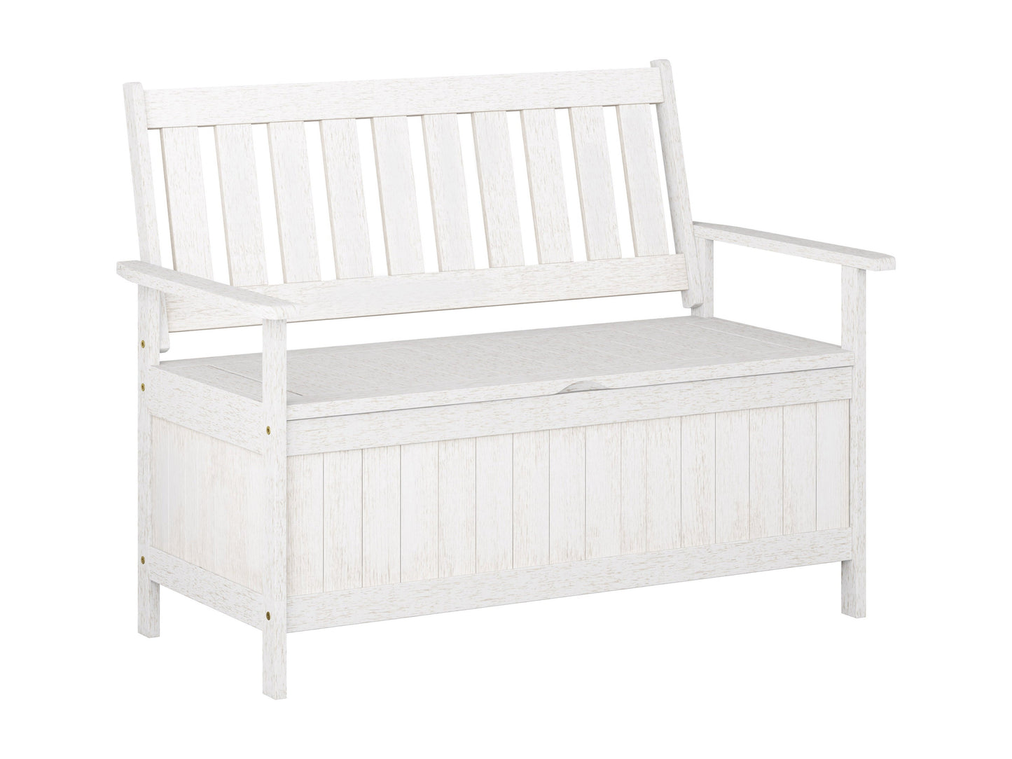 Washed white wooden patio storage bench with slatted backrest, sturdy armrests, and spacious under-seat storage. Ideal for outdoor seating and organization.