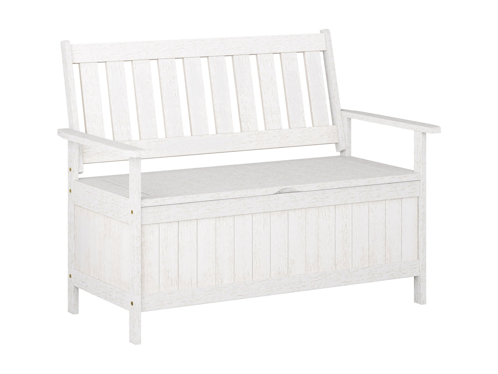 Washed white wooden patio storage bench with slatted backrest, sturdy armrests, and spacious under-seat storage. Ideal for outdoor seating and organization.