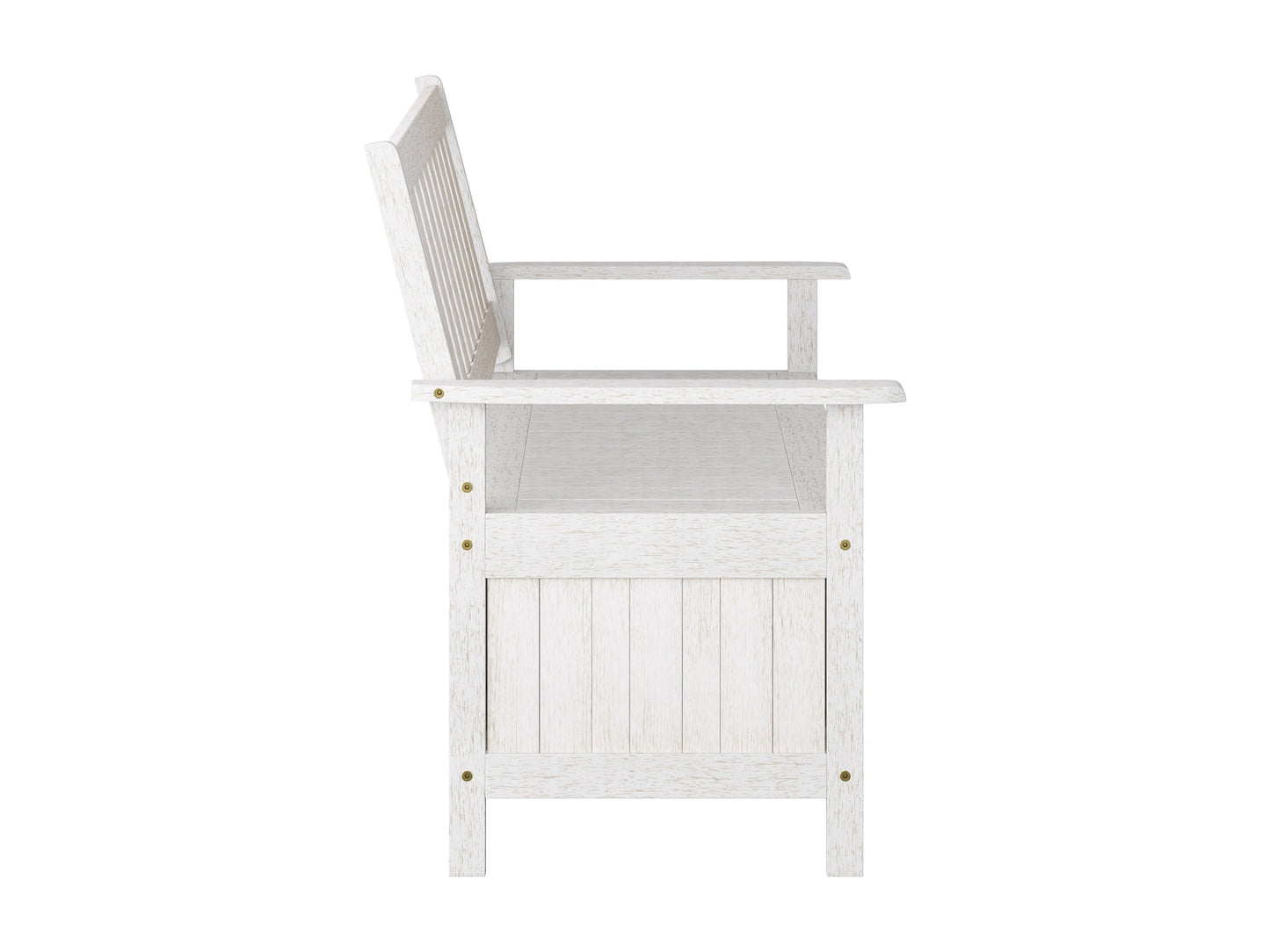 Washed white wooden patio storage bench with slatted backrest, sturdy armrests, and spacious under-seat storage. Ideal for outdoor seating and organization.