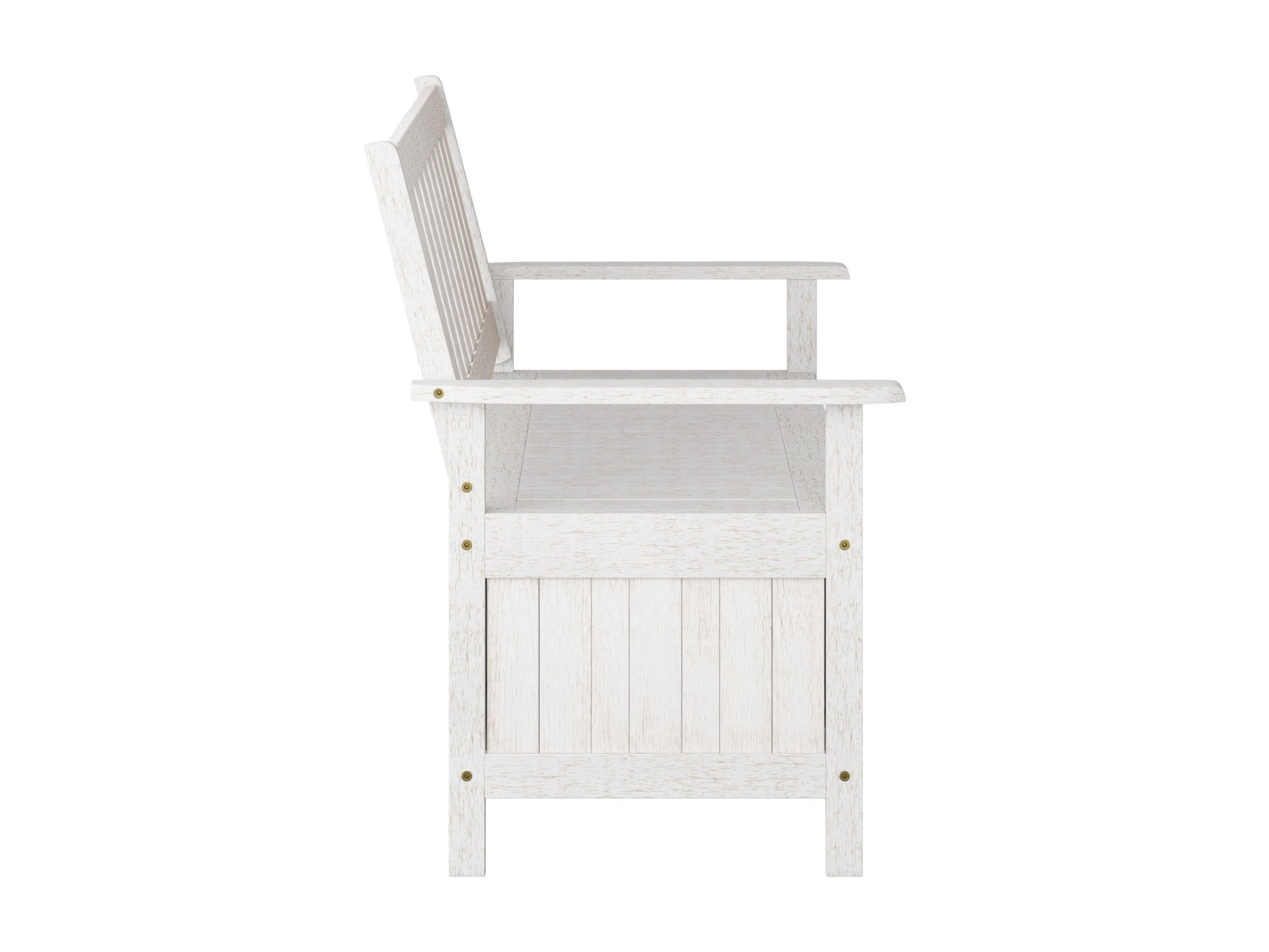 Washed white wooden patio storage bench with slatted backrest, sturdy armrests, and spacious under-seat storage. Ideal for outdoor seating and organization.