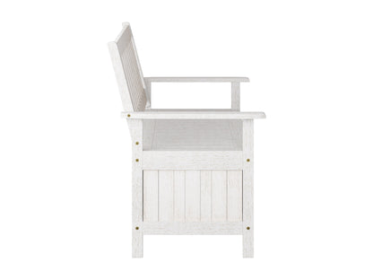 Washed white wooden patio storage bench with slatted backrest, sturdy armrests, and spacious under-seat storage. Ideal for outdoor seating and organization.