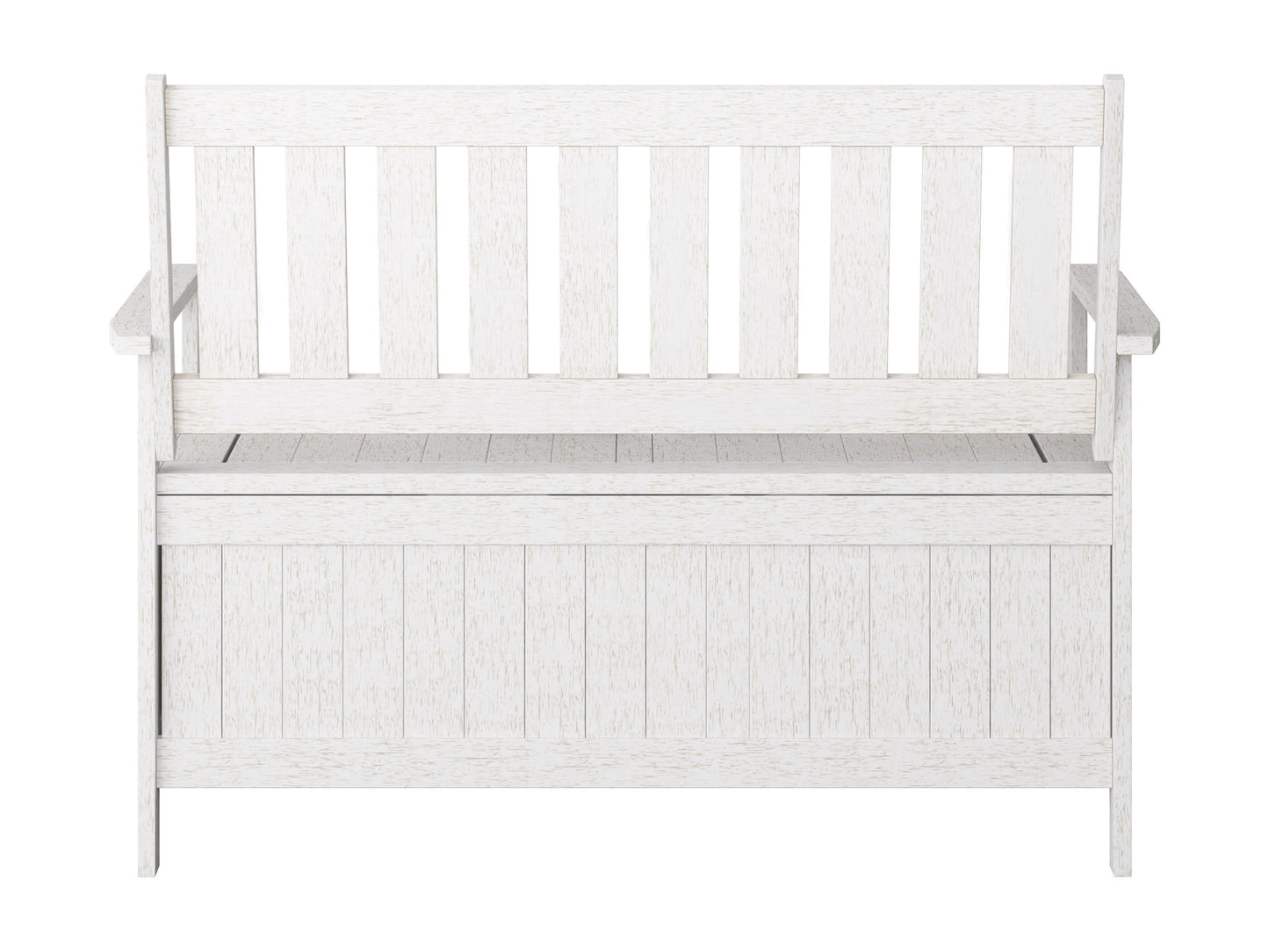 Washed white wooden patio storage bench with slatted backrest, sturdy armrests, and spacious under-seat storage. Ideal for outdoor seating and organization.