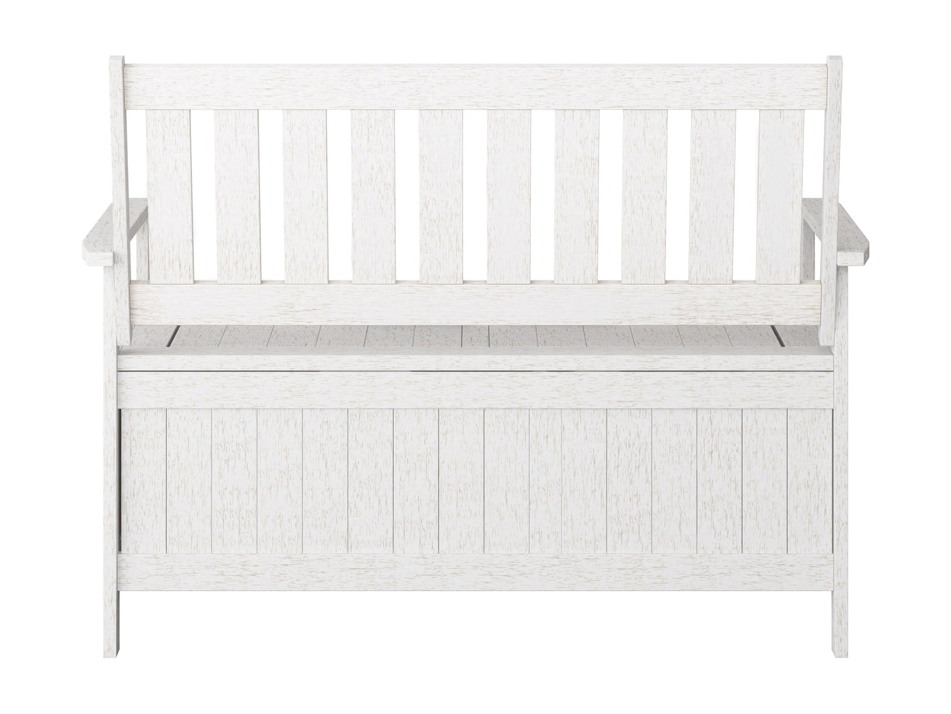 Washed white wooden patio storage bench with slatted backrest, sturdy armrests, and spacious under-seat storage. Ideal for outdoor seating and organization.