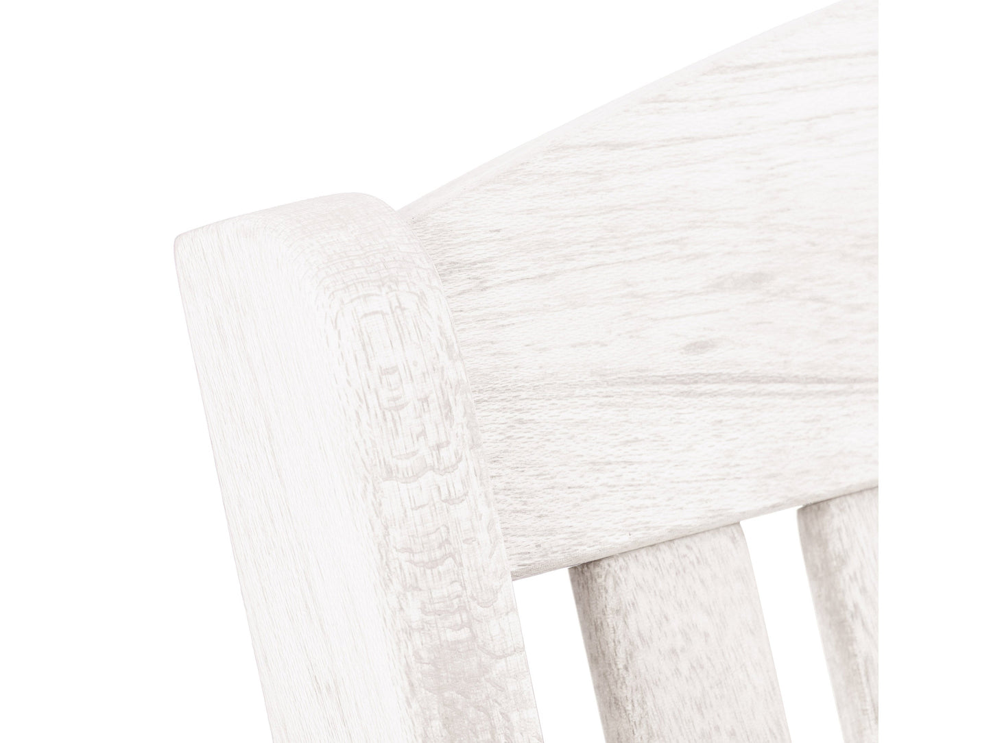 Washed white outdoor rocking chair with curved wooden slats, ergonomic armrests, and a weather-resistant finish perfect for patio relaxation.