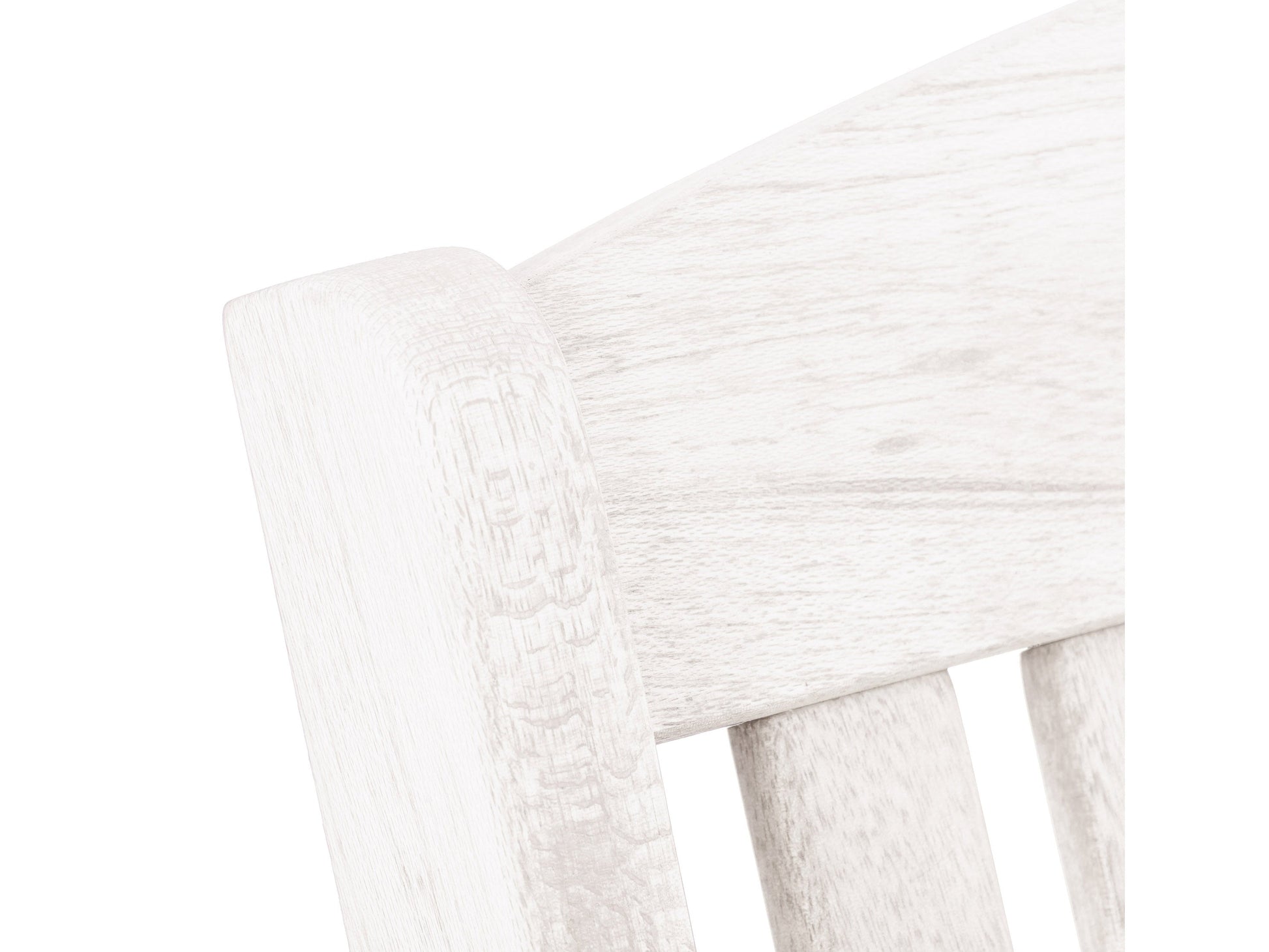 Washed white outdoor rocking chair with curved wooden slats, ergonomic armrests, and a weather-resistant finish perfect for patio relaxation.
