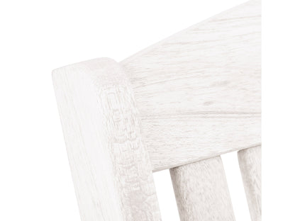 Washed white outdoor rocking chair with curved wooden slats, ergonomic armrests, and a weather-resistant finish perfect for patio relaxation.